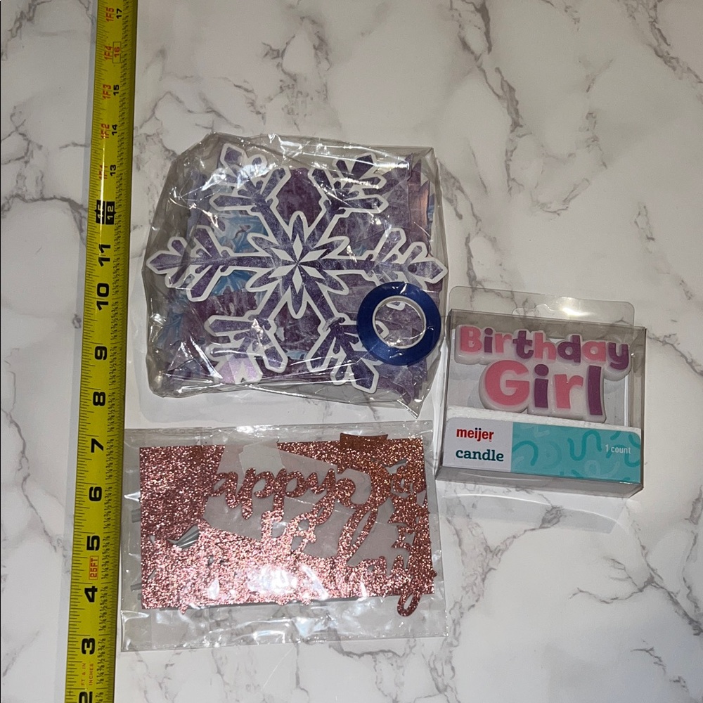 NIB 3pc 5th birthday girl snowflake party decorations and candle and cake sign